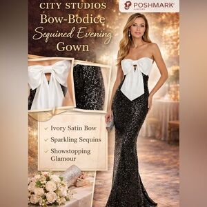 City Studios Strapless Sequined Bow-Bodice Formal Gown – Ivory/Black NWT Size 9